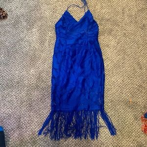 Royal blue halter lace dress with fringe detail. SIZE M.